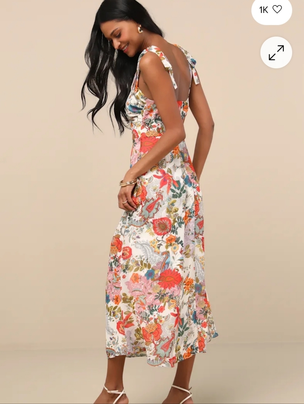 Lulus Blissful Ivory Floral Tie Strap A-line Midi Dress Size S - Picture 3 of 4
